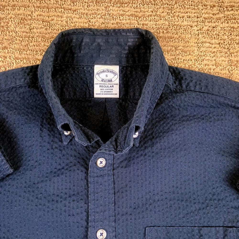 Brooks Brothers Button Down Shirt Mens Small Navy Blue Seersucker Preppy Classic